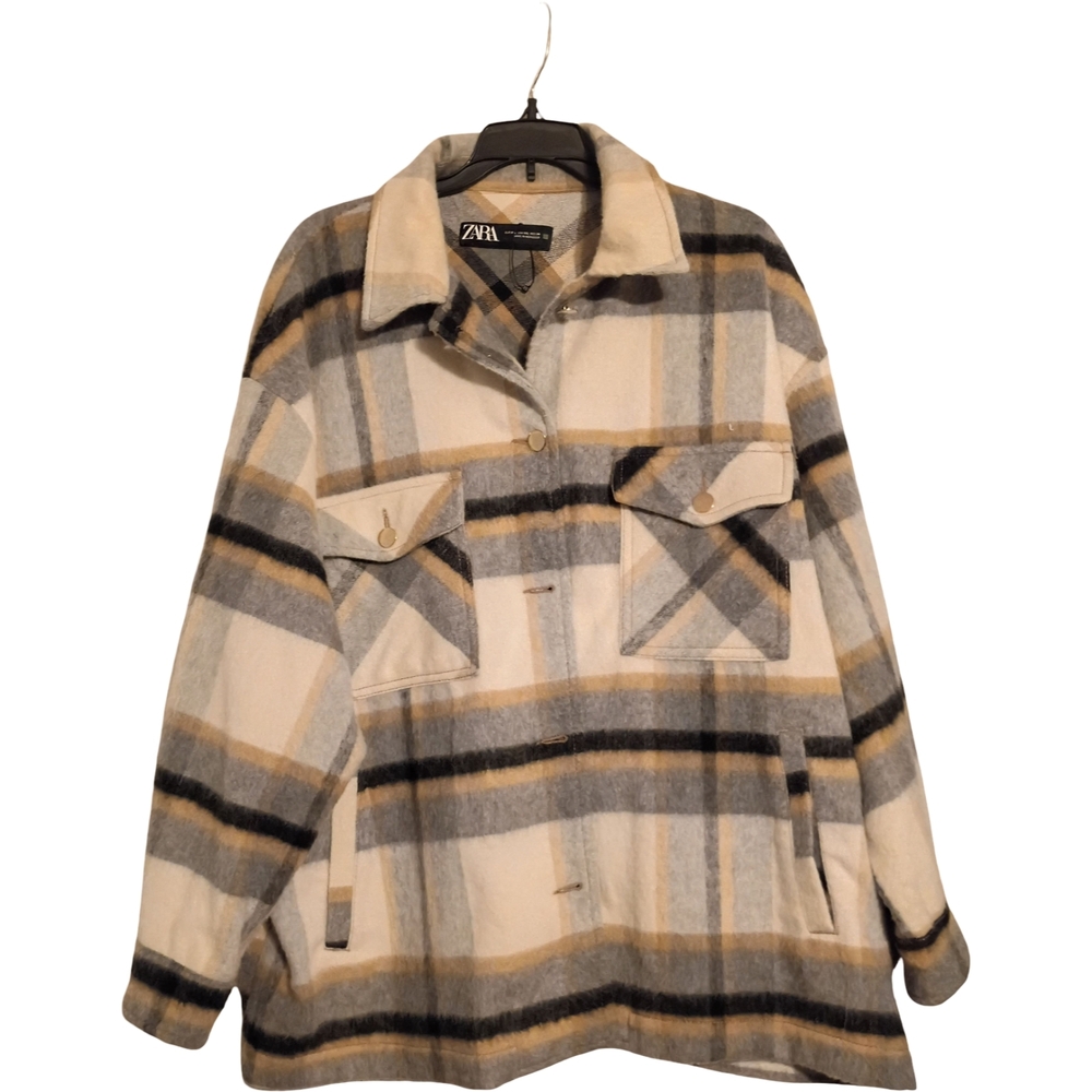 Zara Plaid Shacket in Cream, Gray & Brown Tones - Picture 10 of 10